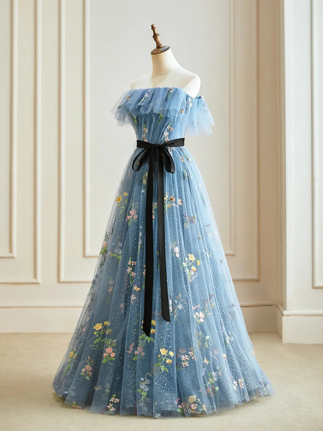 Dressime A Line Strapless Tulle Embroidered Long Evening Dress