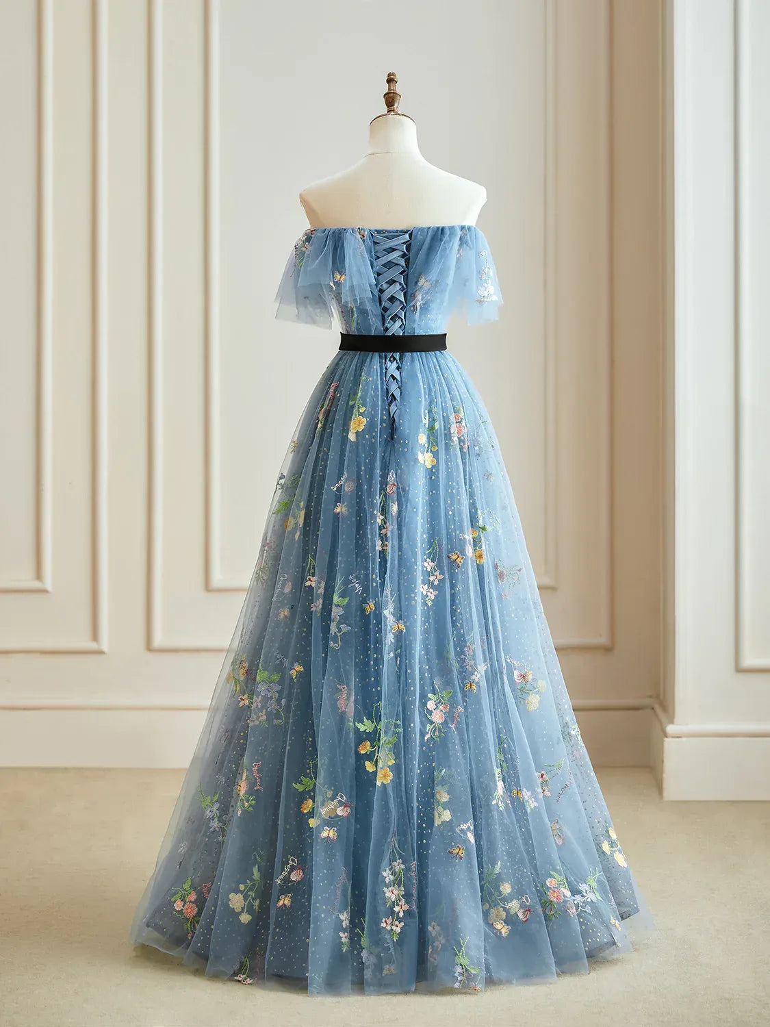 Dressime A Line Strapless Tulle Embroidered Long Evening Dress