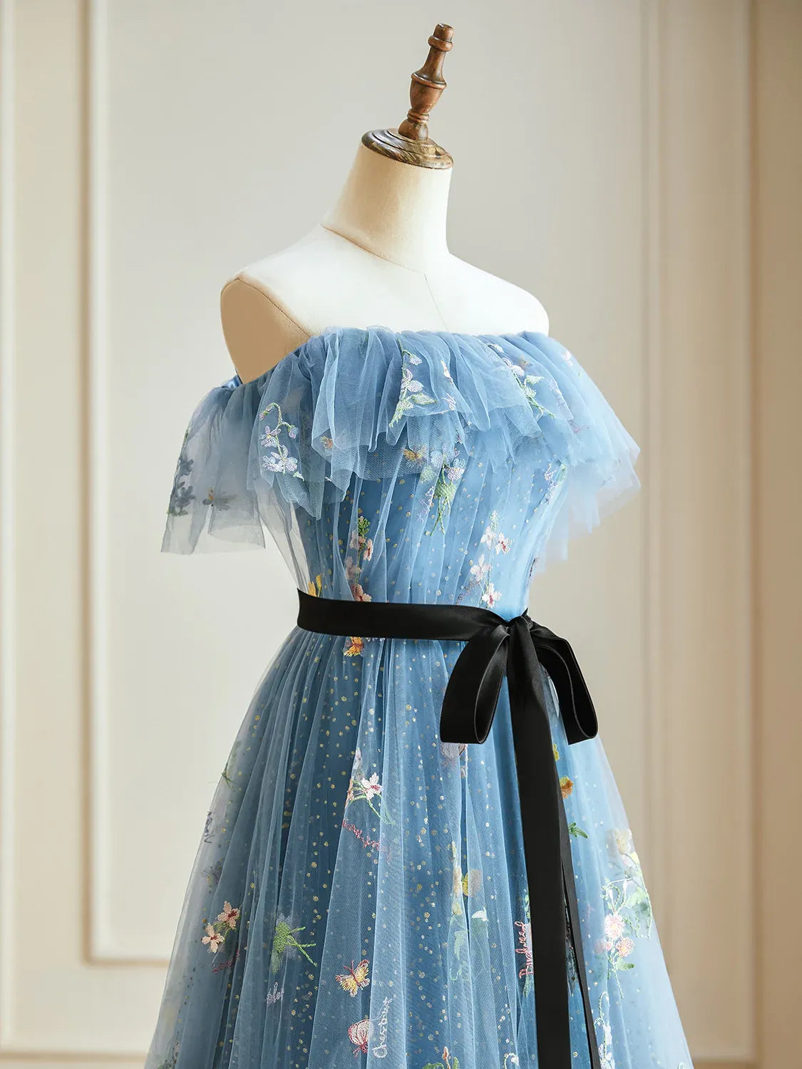 Dressime A Line Strapless Tulle Embroidered Long Evening Dress