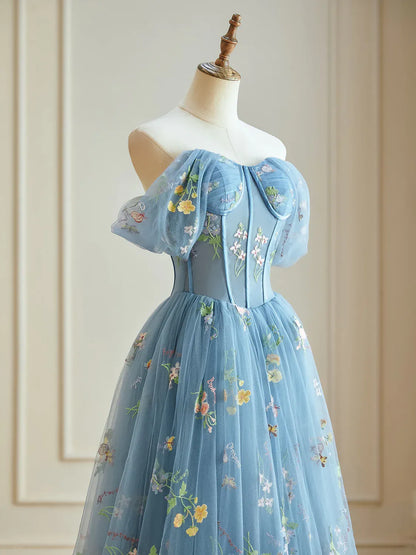 Dressime A Line Off The Shoulder Tulle Long Evening Dress With Appliques