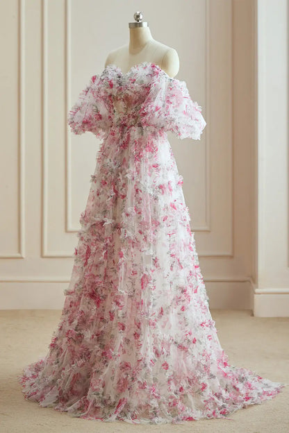 Dressime A Line Sweetheart Multi Colors Floral Long Evening Dress With Ruffles