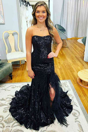Dressime Plus Size Sheather Strapless Sequin Feather Long Prom Dress with Slit