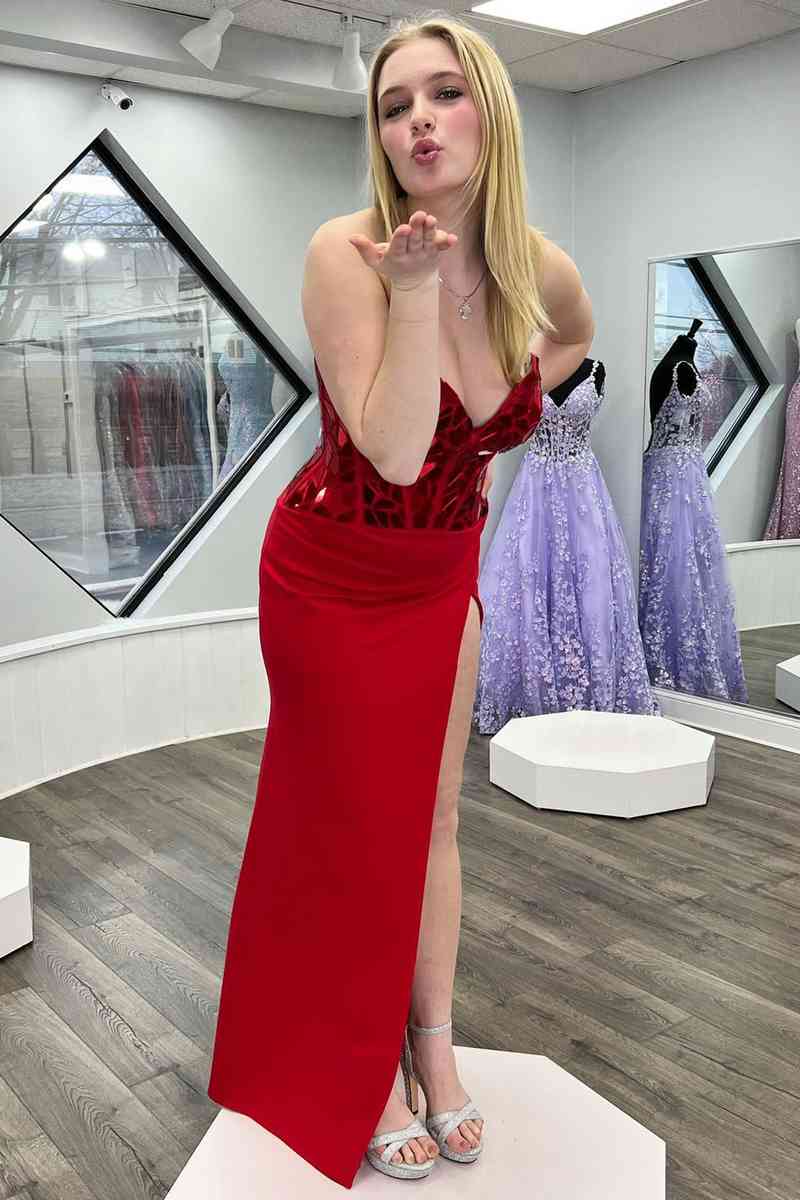 Dressime A Line Sweetheart Glass Mirror Long Prom Dress with Slit