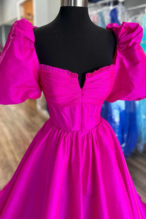 Dressime  A-Line Satin Puffle Sleeves Prom Dresses with Slit