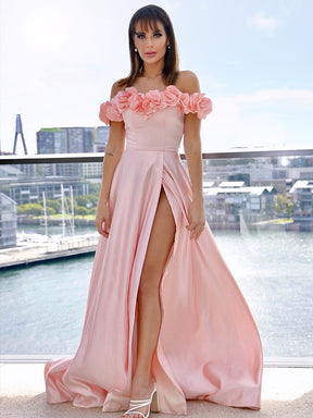 Dressime A line Off the Shoulder Sweetheart Satin Long Prom Dresses With Flowers