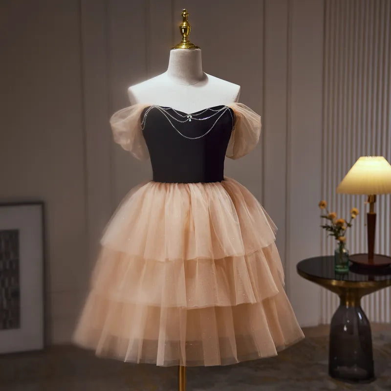 Dressime A Line Off The Shoulder Tulle Rhinestone Tiered Ruffles Short Party Dress