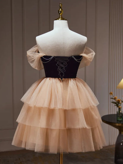 Dressime A Line Off The Shoulder Tulle Rhinestone Tiered Ruffles Short Party Dress