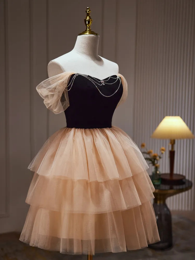 Dressime A Line Off The Shoulder Tulle Rhinestone Tiered Ruffles Short Party Dress