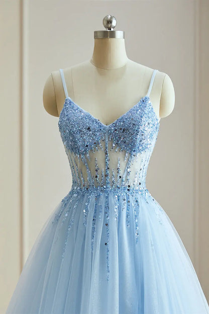 Dressime Shiny A Line Spaghetti Straps Tulle Long Evening Dress With Beading