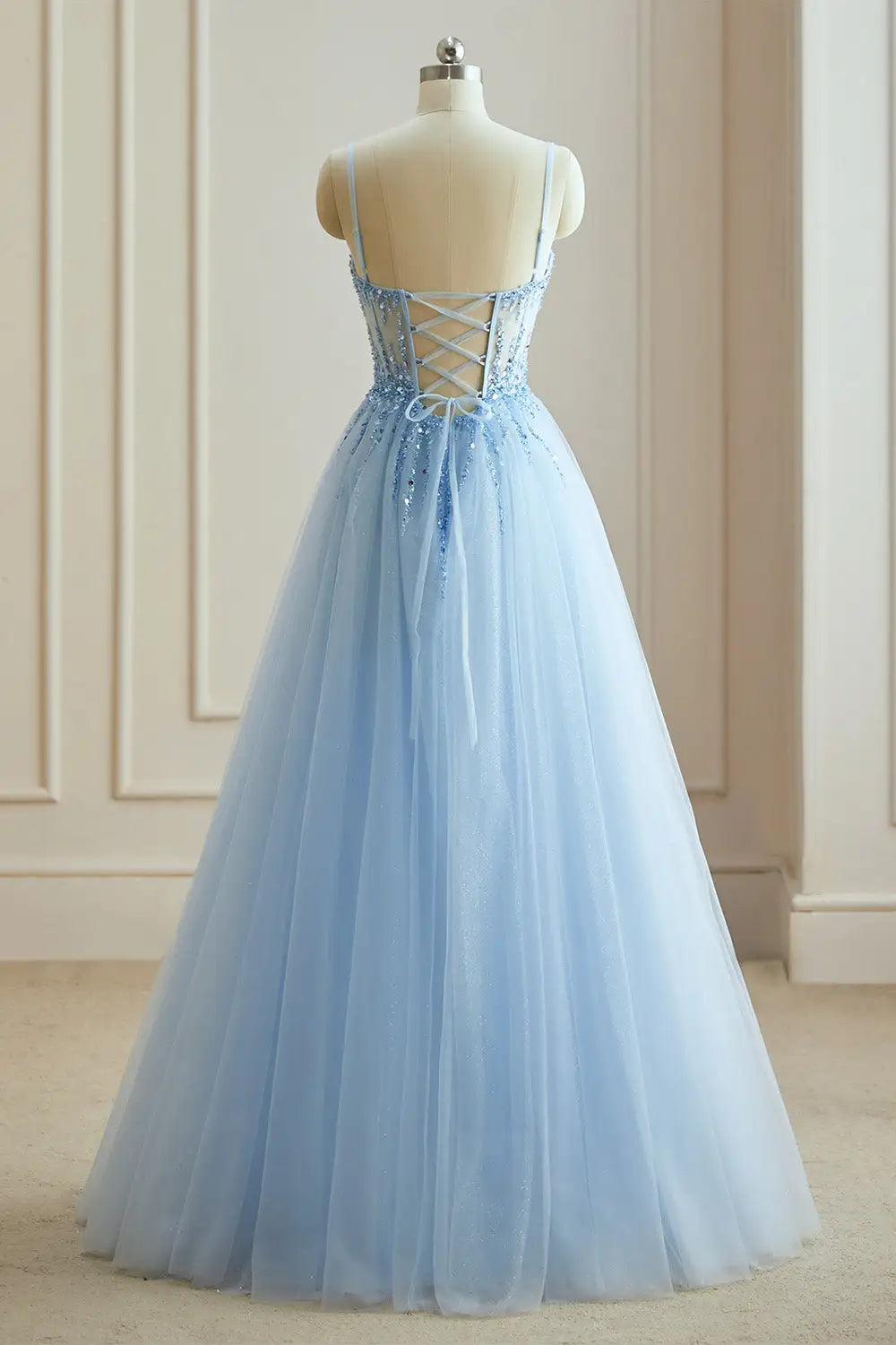 Dressime Shiny A Line Spaghetti Straps Tulle Long Evening Dress With Beading