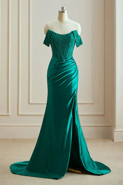 Dressime Elegant Mermaid Off The Shoulder Satin Slit Long Evening Dress With Appliques
