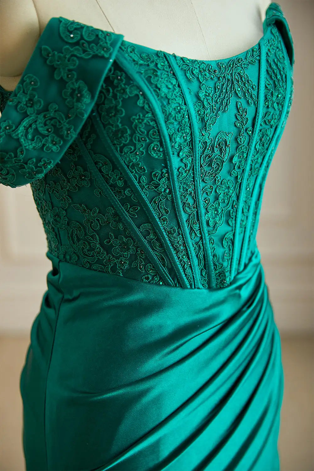 Dressime Elegant Mermaid Off The Shoulder Satin Slit Long Evening Dress With Appliques