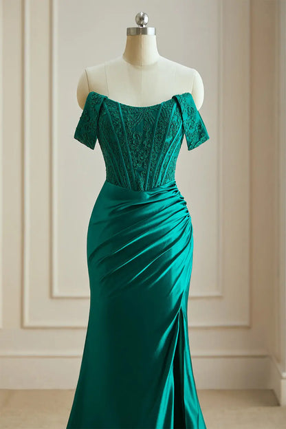 Dressime Elegant Mermaid Off The Shoulder Satin Slit Long Evening Dress With Appliques