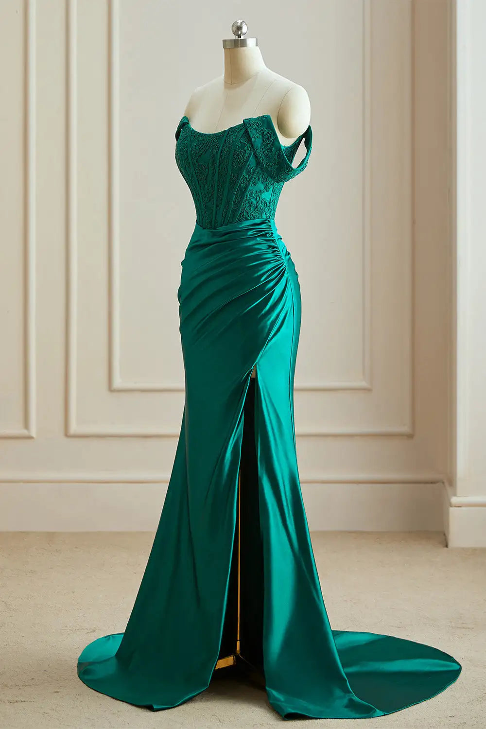 Dressime Elegant Mermaid Off The Shoulder Satin Slit Long Evening Dress With Appliques