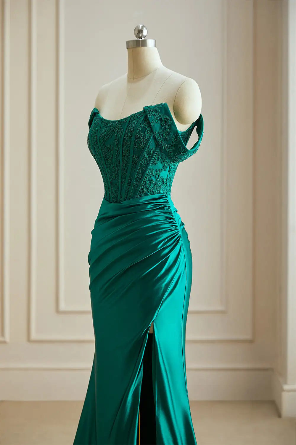 Dressime Elegant Mermaid Off The Shoulder Satin Slit Long Evening Dress With Appliques