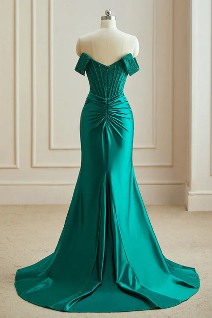 Dressime Elegant Mermaid Off The Shoulder Satin Slit Long Evening Dress With Appliques
