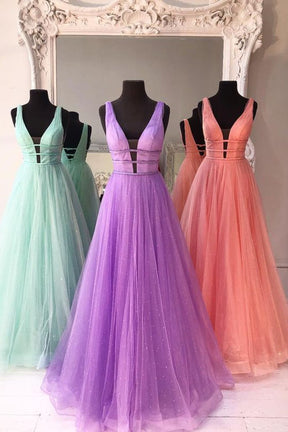 A Line V Neck Tulle Long Prom Dress With Thin Belt