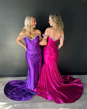 Dressime Mermaid  Off the Shoulder Beaded Prom Dress with Slit