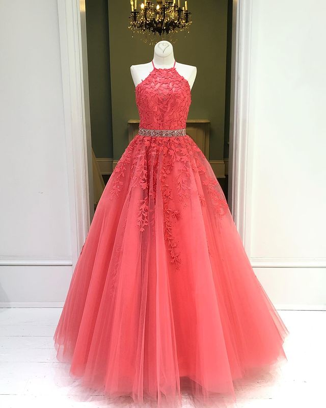 Dressime A Line Halter Tulle Long Prom Dress With Appliques