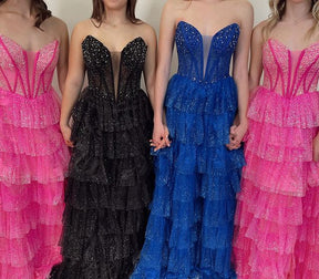 Dressime A Line Strapless Tulle Tiered Ruffle Prom Dress With Slit