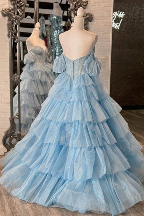 Dressime Ball Gown Sweetheart Tulle Tiered Ruffled Prom Dress With Embroidery