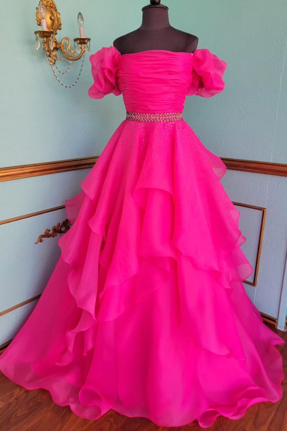 Dressime A Line Off-the-Shoulder Puff Sleeve Multi-Tiered Long Prom Dresses