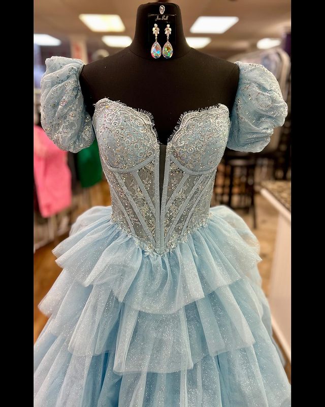 Dressime Ball Gown Sweetheart Tulle Tiered Ruffled Prom Dress With Embroidery