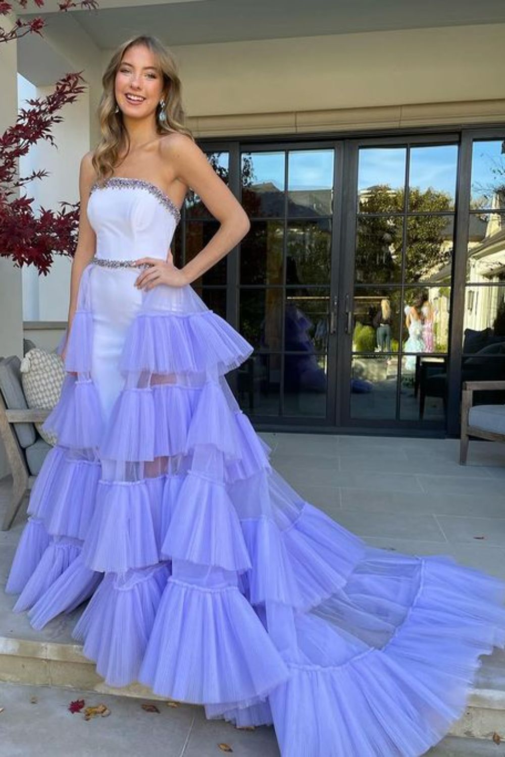 Dressime Sheath/Column Court Train Velvet Strapless Prom Dress With Beaded