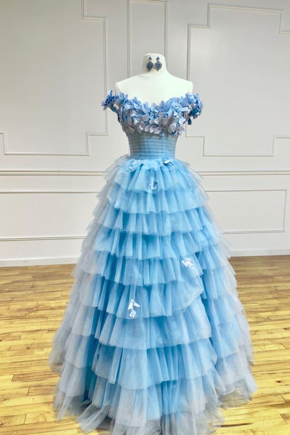 Dressime Ball Gown Off The Shoulder Tulle Slit Tiered Long Prom Dress With Applique