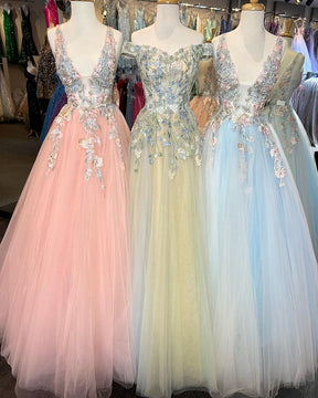 Dressime A Line V Neck Tulle Long Prom Dress with Appliques