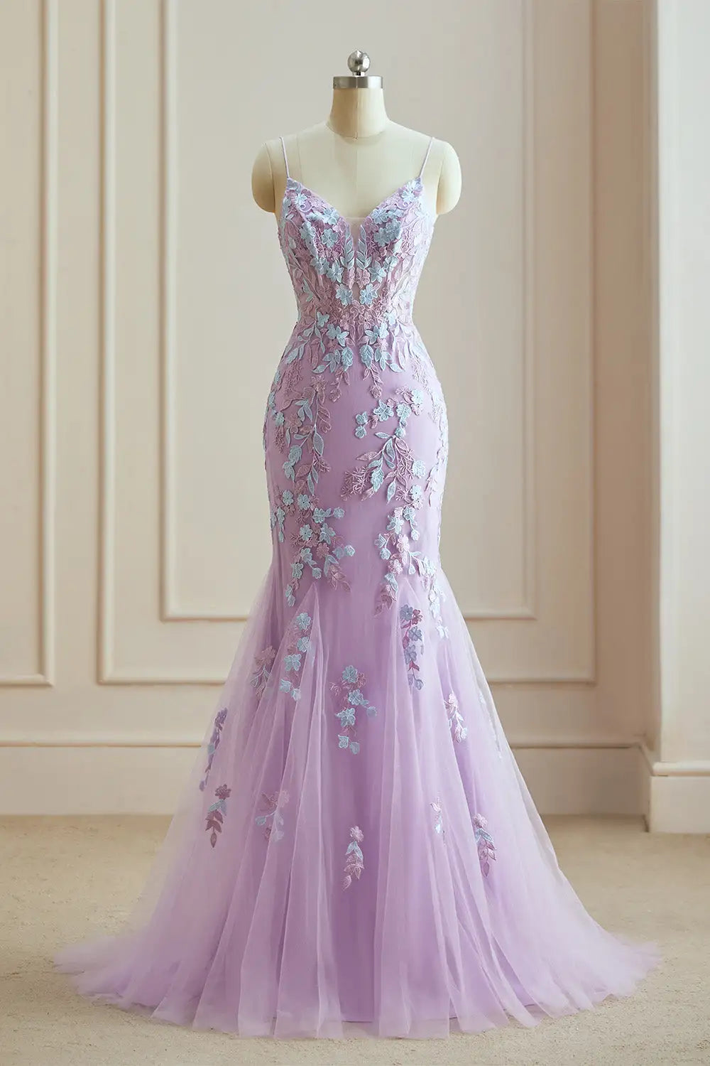 Dressime Elegant Mermaid Spaghetti Straps Tulle Long Evening Dress With Appliques