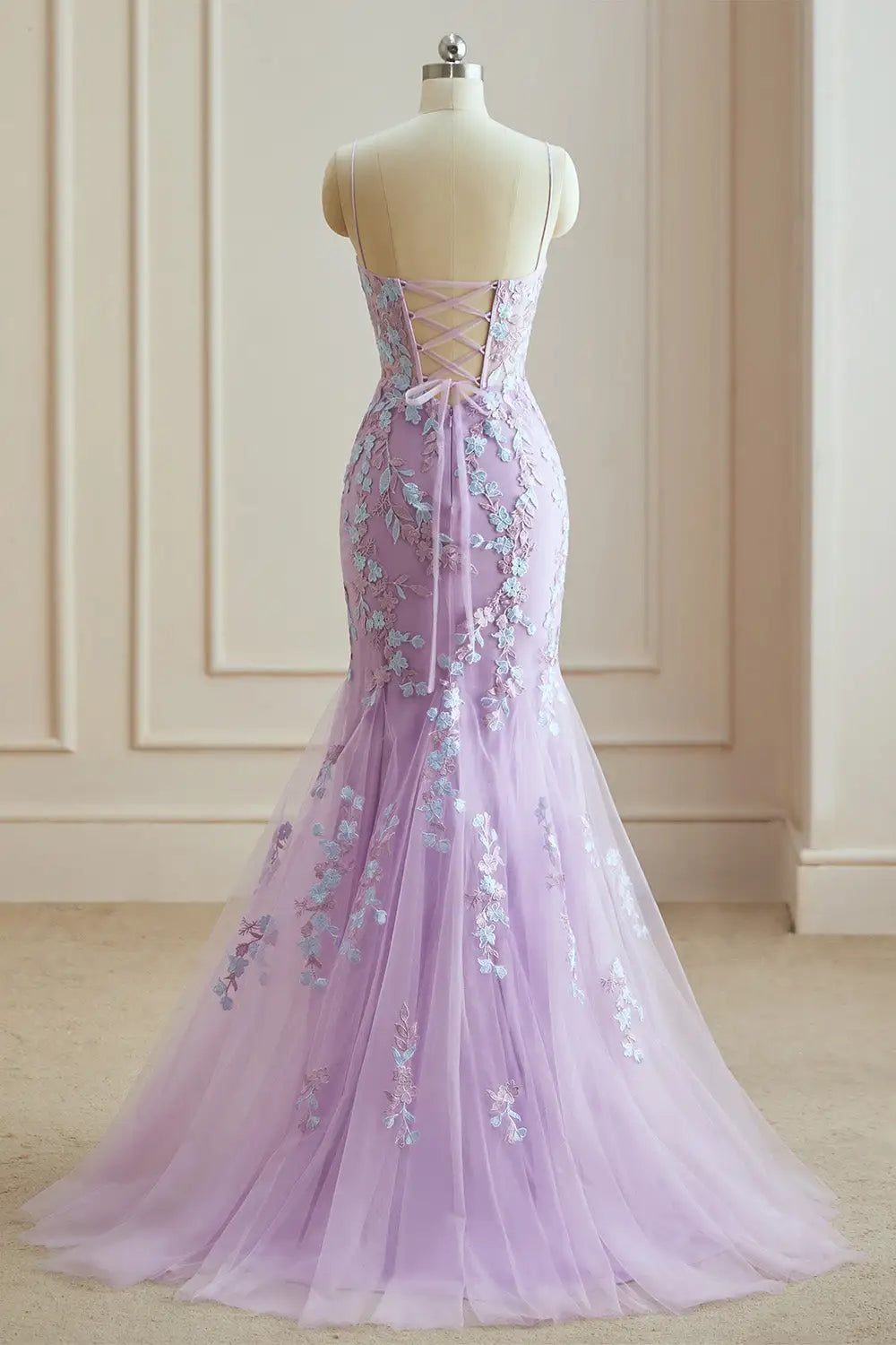 Dressime Elegant Mermaid Spaghetti Straps Tulle Long Evening Dress With Appliques