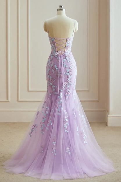 Dressime Elegant Mermaid Spaghetti Straps Tulle Long Evening Dress With Appliques