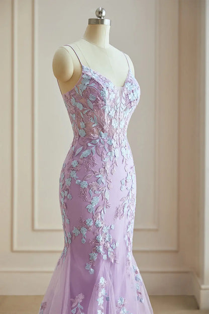 Dressime Elegant Mermaid Spaghetti Straps Tulle Long Evening Dress With Appliques