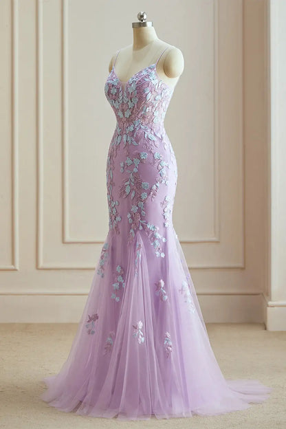 Dressime Elegant Mermaid Spaghetti Straps Tulle Long Evening Dress With Appliques