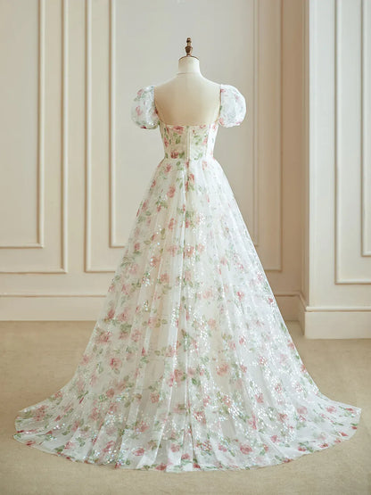 Dressime A Line Sweetheart  Floral Long Evening Dress With Slit