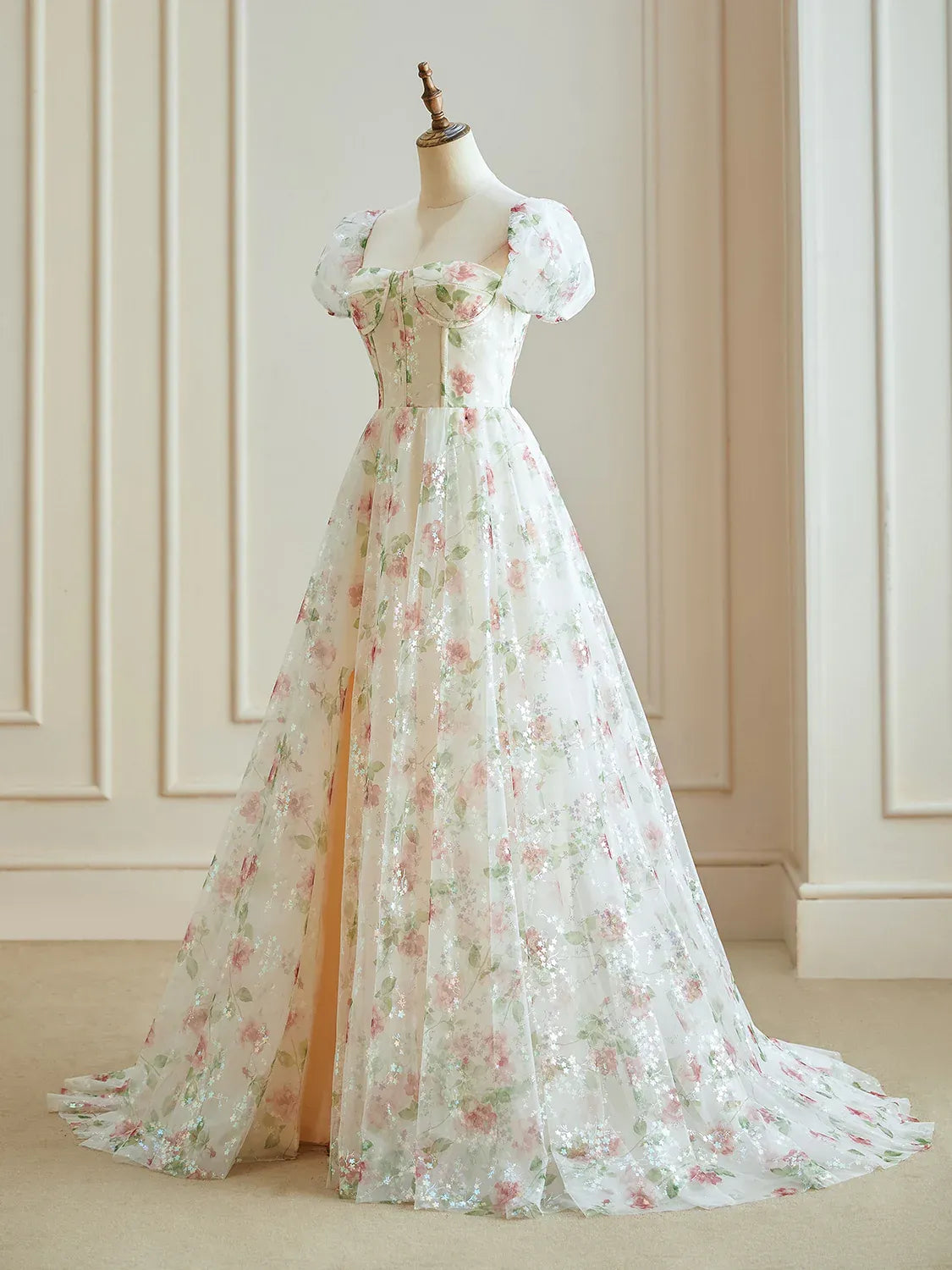 Dressime Woman's Classic Champagne Evening Dress A Line Sweetheart Floral Long Prom Dress With Slit dressime Dressime Woman's Classic Champagne Evening Dress A Line Sweetheart Floral Long Prom Dress With Slit dressime