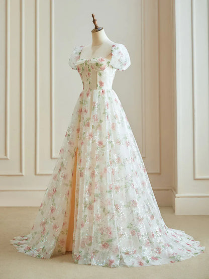 Dressime A Line Sweetheart  Floral Long Evening Dress With Slit