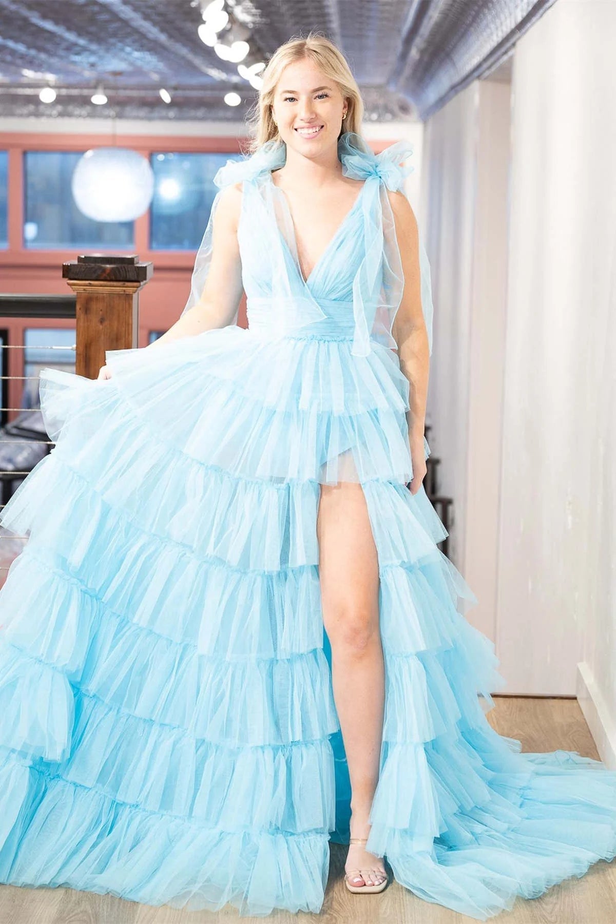 Dressime Bow Straps V-Neck Ruffled Tulle Tiered Long Prom Dress with Slit