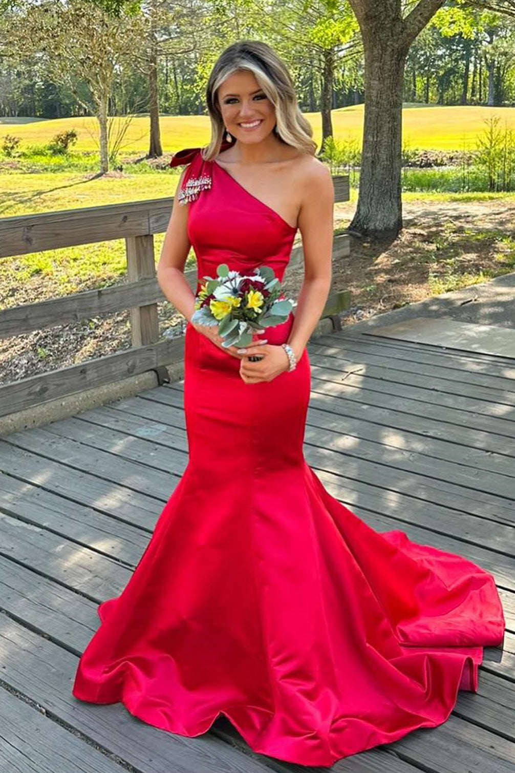 Dressime Mermaid One Shoulder Trumpet Long Prom Dress With Bow