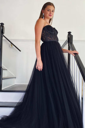 Dressime  A Line Tulle Strapless Long Prom Dress