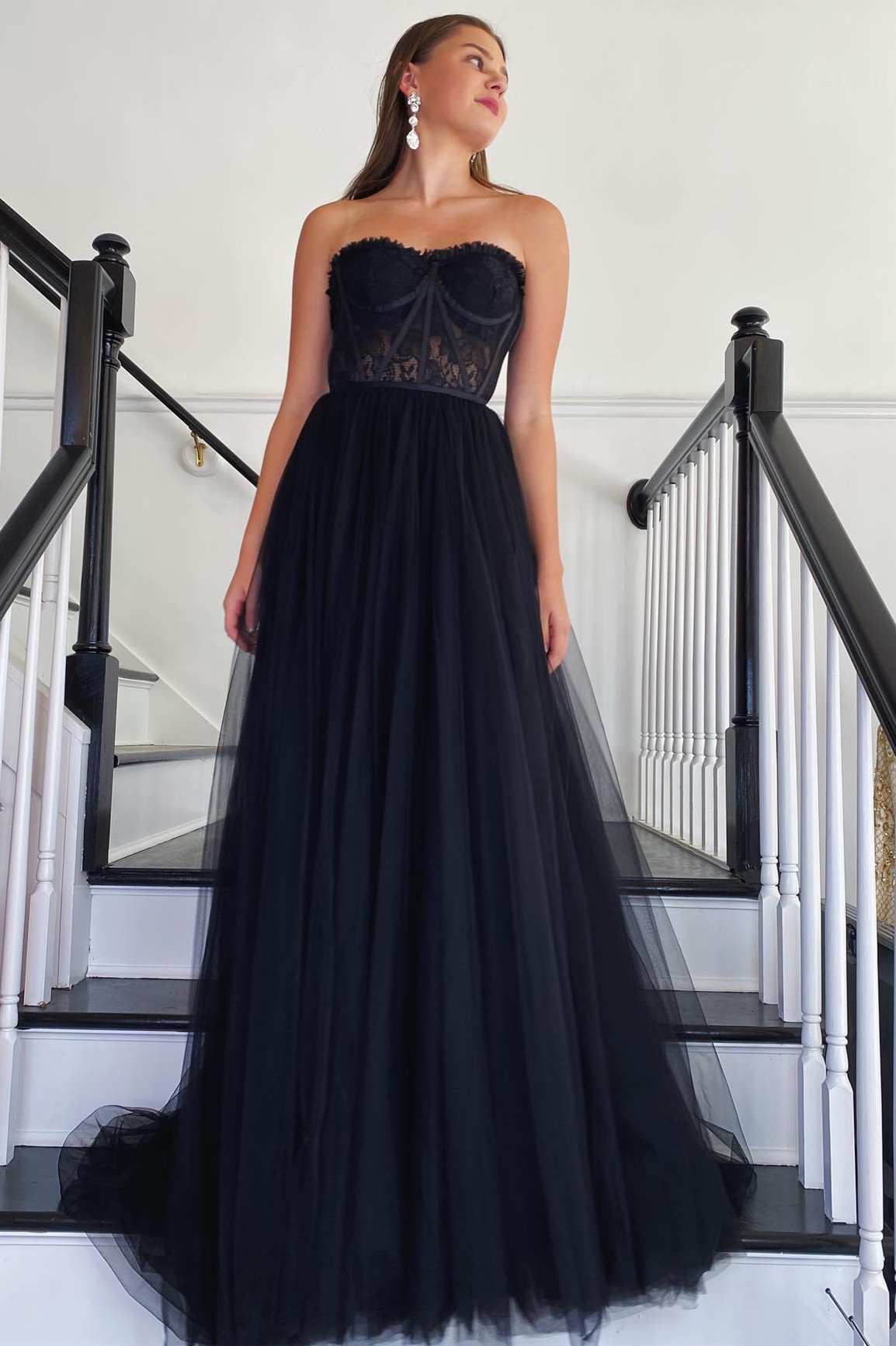 Dressime  A Line Tulle Strapless Long Prom Dress