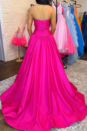 Dressime A Line Strapless Satin Pleated Beaded Long Prom Dress
