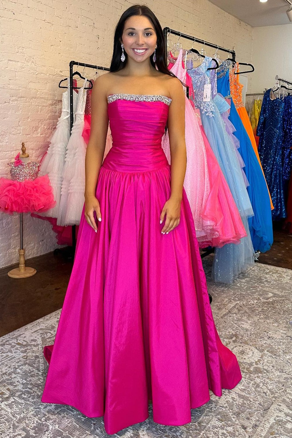 Dressime A Line Strapless Satin Pleated Beaded Long Prom Dress