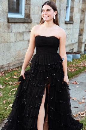 Dressime A Line Strapless Tulle Ruffle Beaded Long Prom Dress with Slit