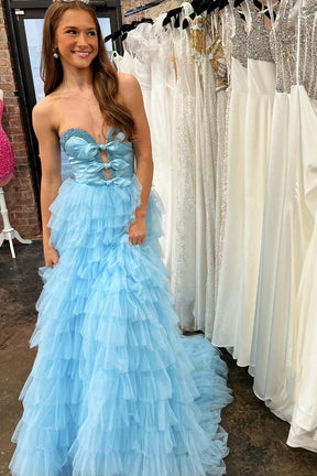 Dressime A  Line Strapless Bow Ruffle Tiered Long Prom Dress with Slit
