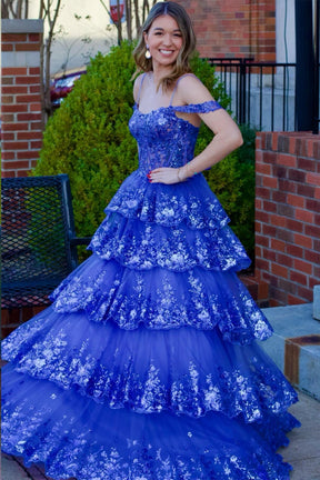 Dressime Tulle Cold-Shoulder Ruffle Tiered Long Prom Dress