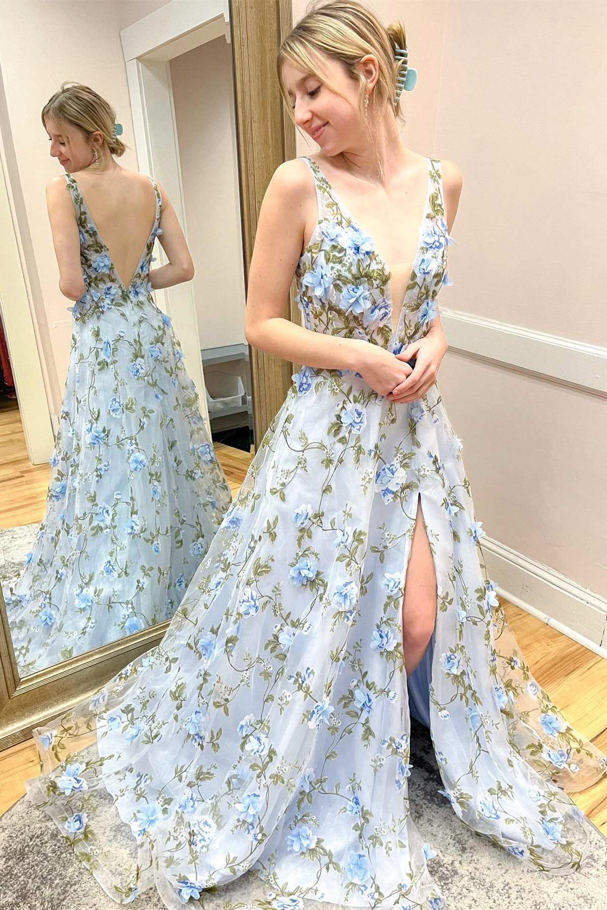 Dressime A-Line Organza Plunge V Neck Long Prom Dress with 3D Floral Lace