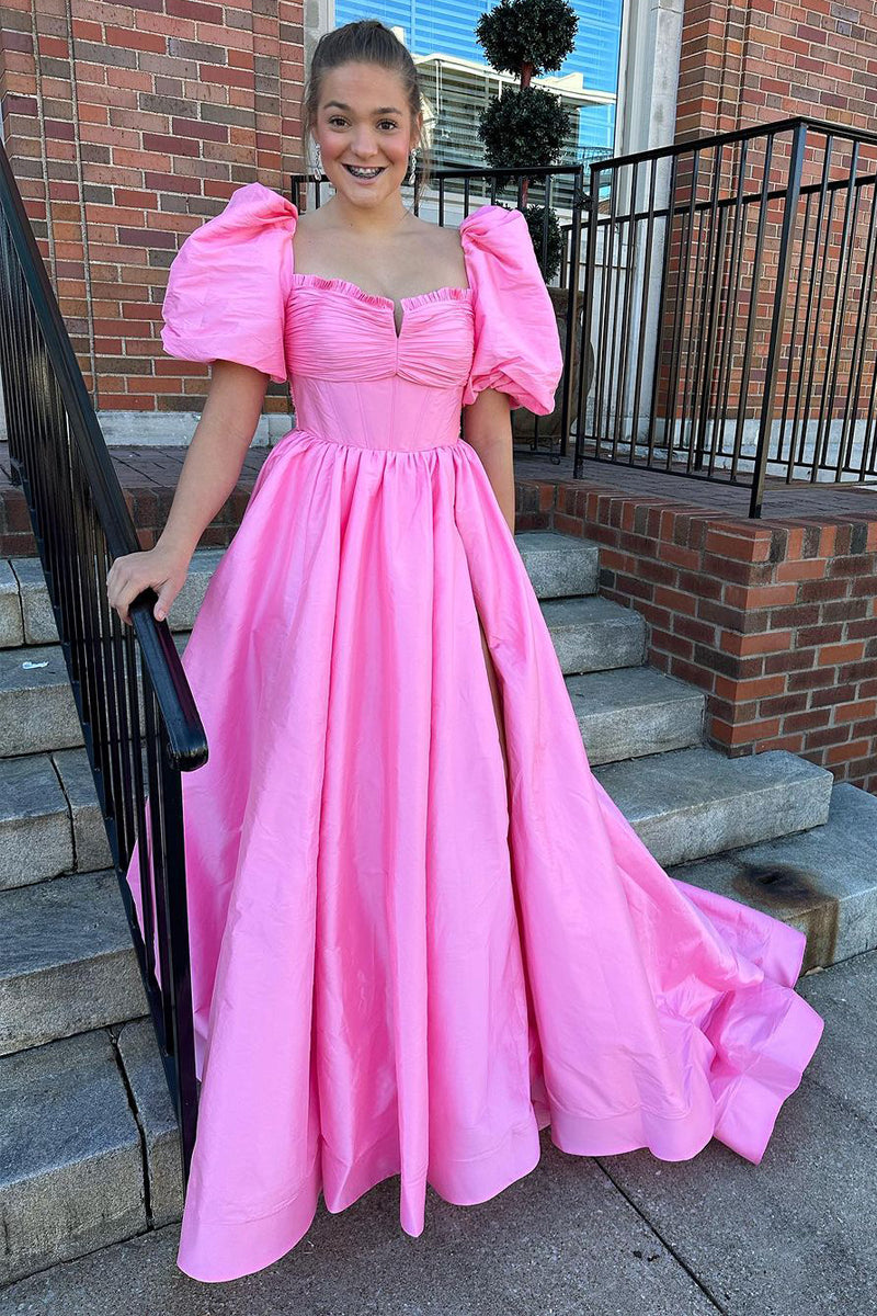 Dressime  A-Line Satin Puffle Sleeves Prom Dresses with Slit