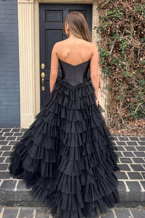 Dressime Strapless A-line Tiered Tulle Long Prom Dress